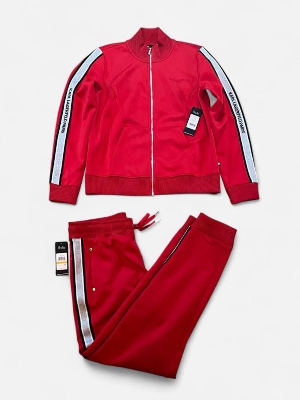 Karl Lagerfeld Womens Red Track Jacket & Jogger Set with Silver Stripes